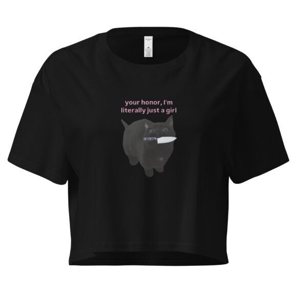 Your Honor I Am Literally Just a Girl Cat With Knife in Mouth Y2K Baby Tee | Violent Kittycore Retro Cropped Top | Knife Bimbo Meme Tee - Image 2