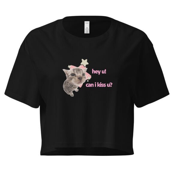 Hey U Can I Kiss U Cat Y2K Baby Tee | Can I Kiss U Alt-Girl Cropped Tee | Flirty Catcore Retro Baby Tee - Image 2
