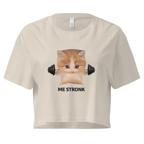 Me Stronk Cat Lifting Weights Y2K Baby Tee | Buff Kitty Retro Cropped Top | Gymcore Girl Meme Tee - Image 6