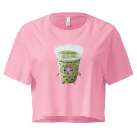 Matcha Cat Y2K Baby Tee | Green Tea Kitty Retro Cropped Top | Caffeinated Princess Meme Tee - Image 4