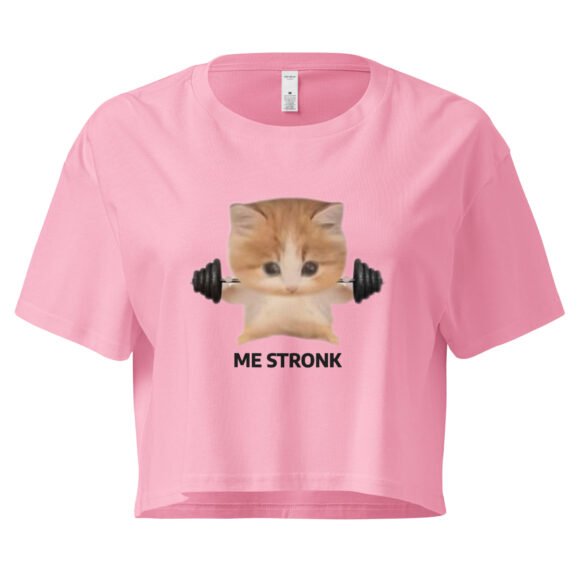 Me Stronk Cat Lifting Weights Y2K Baby Tee | Buff Kitty Retro Cropped Top | Gymcore Girl Meme Tee - Image 4