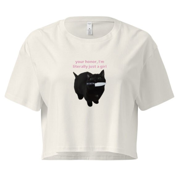 Your Honor I Am Literally Just a Girl Cat With Knife in Mouth Y2K Baby Tee | Violent Kittycore Retro Cropped Top | Knife Bimbo Meme Tee - Image 5