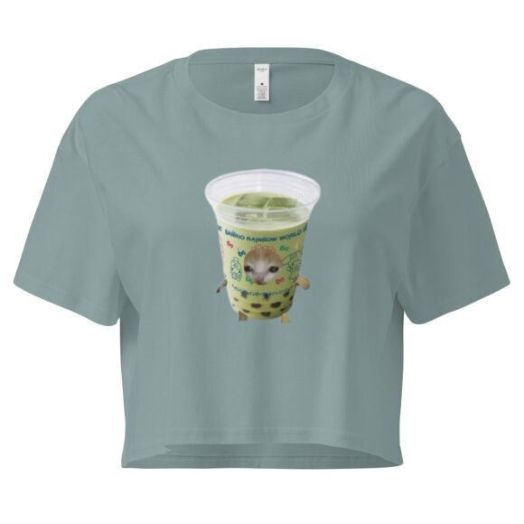 Matcha Cat Y2K Baby Tee | Green Tea Kitty Retro Cropped Top | Caffeinated Princess Meme Tee - Image 2