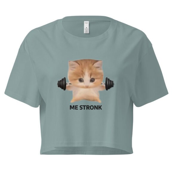 Me Stronk Cat Lifting Weights Y2K Baby Tee | Buff Kitty Retro Cropped Top | Gymcore Girl Meme Tee - Image 2