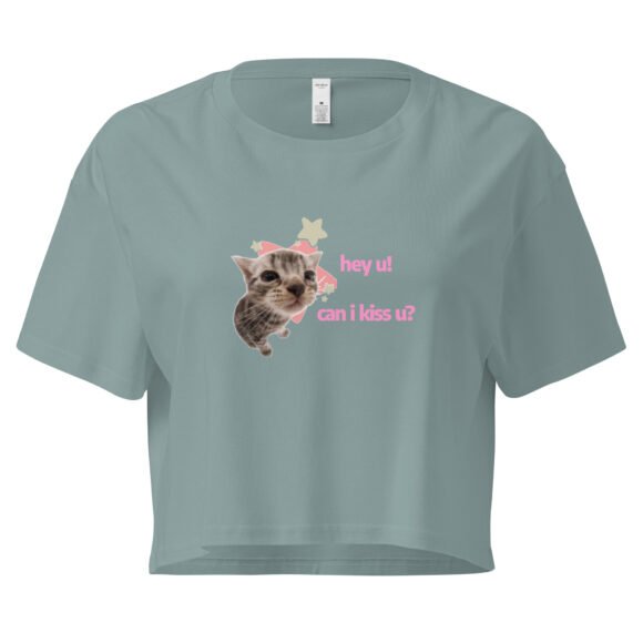 Hey U Can I Kiss U Cat Y2K Baby Tee | Can I Kiss U Alt-Girl Cropped Tee | Flirty Catcore Retro Baby Tee - Image 3