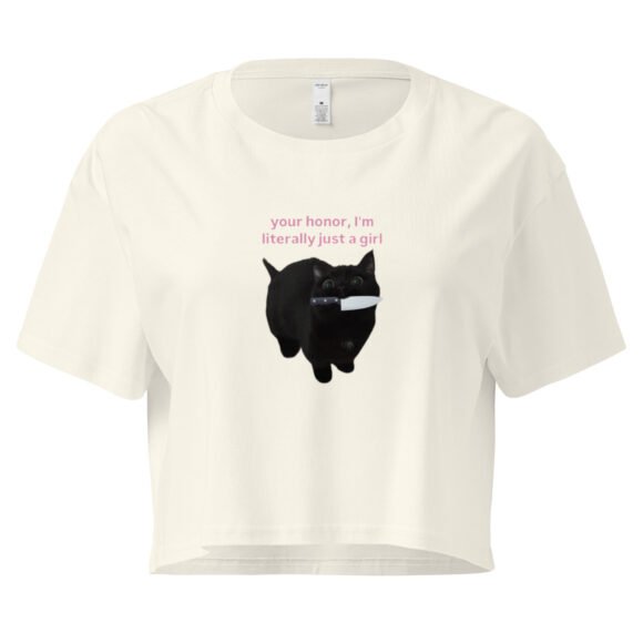 Your Honor I Am Literally Just a Girl Cat With Knife in Mouth Y2K Baby Tee | Violent Kittycore Retro Cropped Top | Knife Bimbo Meme Tee - Image 4