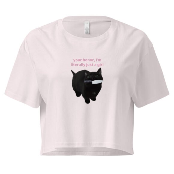 Your Honor I Am Literally Just a Girl Cat With Knife in Mouth Y2K Baby Tee | Violent Kittycore Retro Cropped Top | Knife Bimbo Meme Tee - Image 3