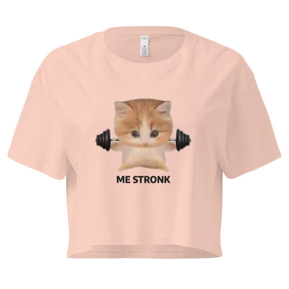 Me Stronk Cat Lifting Weights Y2K Baby Tee | Buff Kitty Retro Cropped Top | Gymcore Girl Meme Tee - Image 5