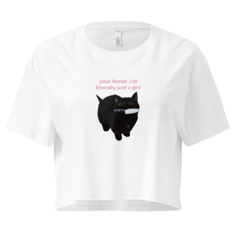 Your Honor I Am Literally Just a Girl Cat With Knife in Mouth Y2K Baby Tee | Violent Kittycore Retro Cropped Top | Knife Bimbo Meme Tee