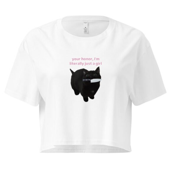 Your Honor I Am Literally Just a Girl Cat With Knife in Mouth Y2K Baby Tee | Violent Kittycore Retro Cropped Top | Knife Bimbo Meme Tee
