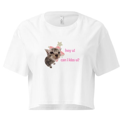 Hey U Can I Kiss U Cat Y2K Baby Tee | Can I Kiss U Alt-Girl Cropped Tee | Flirty Catcore Retro Baby Tee
